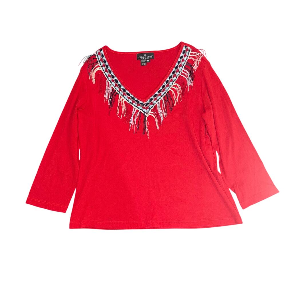 Carole Little Sport Vintage Red Fringe V Neck Blouse Boho Knit Top XL NWT